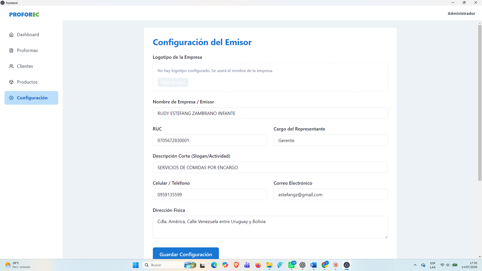 Configuración del emisor