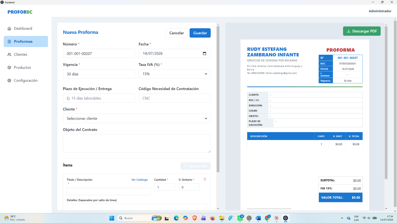 Crear proforma con vista previa PDF en tiempo real